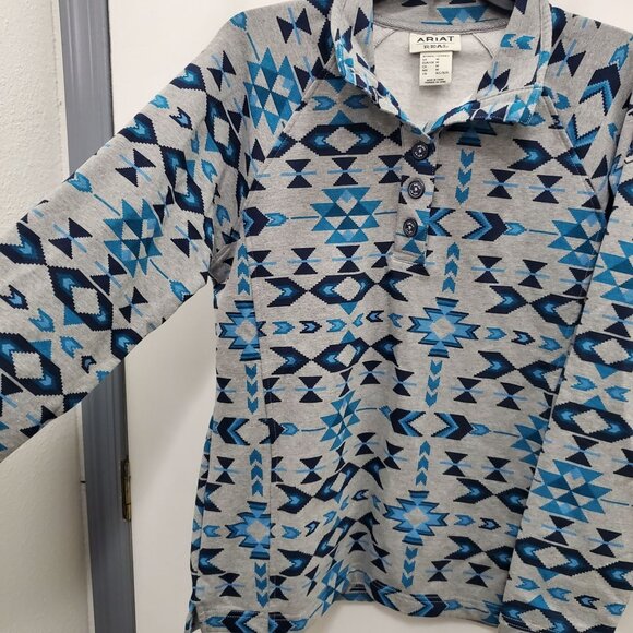 Ariat R.E.A.L Women's Gray Blue Southwestern Navajo Soft 1/4 Button Pullover M - Picture 2 of 7